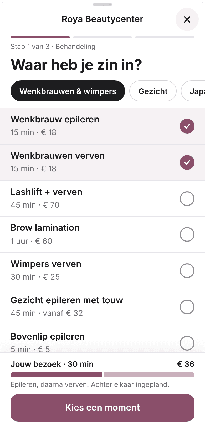 Boekvenster stap 1: behandelingen kiezen, wenkbrauw epileren en verven aangevinkt