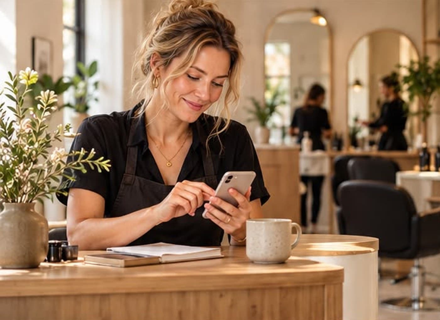 Salonhouder kijkt tussen twee klanten door op haar telefoon